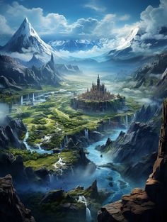 a fantasy landscape with a castle in the middle