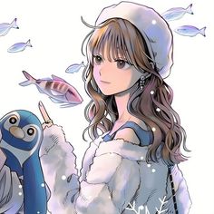 an anime character is holding a bird in her hand