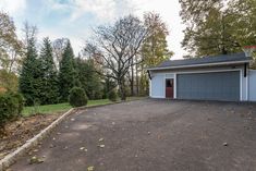 an empty driveway in front of a garage