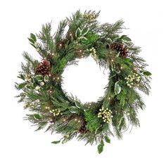 a christmas wreath with pine cones and greenery