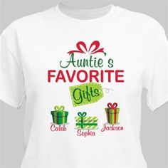 Auntie will love showing off her favorite gift with this fun personalized t-shirt  #sistergifts #auntgiftideas #personalizedchristmasapparel #christmasapparel Personalized White Graphic Print T-shirt, Fun Customizable T-shirt For Gift, Customizable Fun T-shirt For Gift, Customizable Fun T-shirt For Gifts, Customizable Fun T-shirt As Gift, Fun White T-shirt For Gifts, Fun White T-shirt As A Gift, Fun White T-shirt As Gift, Personalized T-shirt For Mother's Day Gift