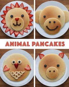 four pictures of pancakes made to look like animals and the words animal pancakes on them