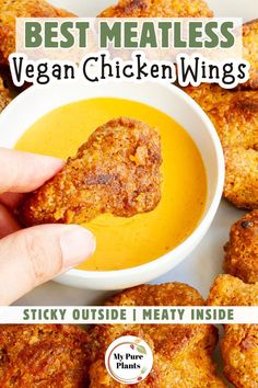 the best meatless vegan chicken wings recipe is in a white bowl and being dipped with sauce