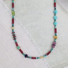 NKL-GPL Ruby Circus Train Necklace Vibrant Jewelry, Circus Train, Hill Tribe Silver, Jewelry Post, Labradorite Crystal, Ruby Sapphire, Spiny Oyster, Stacked Jewelry, Fabric Beads