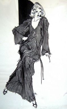 a black and white drawing of a woman in a long dress with her hands on her hips