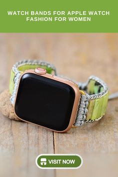 Handcrafted Apple Watch band featuring vibrant green stones and brown cord detailing. This unique bohemian-style accessory offers a natural, earthy look, perfect for women who want to add a touch of rustic elegance to their Apple Watch while staying stylish and comfortable." Handmade Adjustable Green Watch Bands, Handmade Adjustable Rectangular Watch Bands, Watch Bands Leather, Watch Bands For Apple Watch, Iphone Watch Bands, Bands For Apple Watch, Apple Watch Bracelet, Apple Watch Bands Fashion, Apple Watch Wristbands