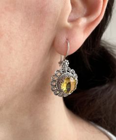 Citrine Silver Victorian Floral Drop Earrings, 925 Sterling Silver Artisan Handmade Filigree Daisy Flower Dangle Boho Woman Earrings Jewelry Birthday gift her, Anniversary gift her, November birthstone --Gemstone: Yellow Citrine 10mm. Citrine is a birthstone for the month of November. It is a yellow to golden brown variety of quartz and is known for its warm, sunny color. Citrine is said to be a stone of abundance, joy, and prosperity, and is often used in crystal healing to help with manifestation, creativity, and self-confidence. In addition to being the birthstone for November, citrine is also the gemstone for the 13th wedding anniversary. It is a popular choice for jewelry, especially in the form of necklaces, bracelets, and earrings. Overall, citrine is a beautiful and meaningful gems Pierced Sterling Silver Jewelry For Celebration, Nickel Free Sterling Silver Earrings For Celebration, Silver Flower Earrings For Celebration, Yellow Round Earrings For Celebration, Yellow Fusion Earrings For Gifts, Yellow Fusion Style Earrings For Gift, Traditional Oval Yellow Jewelry, Yellow Earrings With Intricate Design For Gift, Traditional Yellow Oval Jewelry