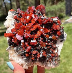 a person holding up a rock with red crystals on it's surface in their hand