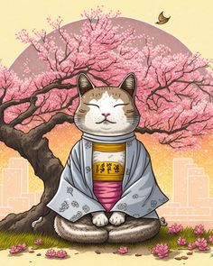 a cat is sitting on the ground in front of a tree with pink blossom blossoms