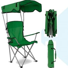 a green folding camping chair with carrying bag