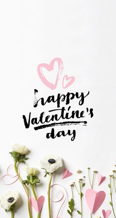 flowers and hearts with the words happy valentine's day written in black on a white background