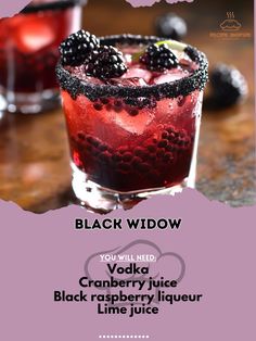 Dare to sip on our Black Widow cocktail—spooky, delicious, and perfect for your Halloween gathering! 🎃✨ #HalloweenCocktails Black Widow Ingredients: Vodka (2 oz) Cranberry juice (1 oz) Black raspberry liqueur (1 oz) Lime juice (1/2 oz) Black sugar (for rim) Fresh blackberries (for garnish) Instructions: Rim the glass with black sugar. In a shaker, combine vodka, cranberry juice, black raspberry liqueur, and lime juice with ice. Shake well and strain into the glass. Garnish with fresh blac... Raspberry Liqueur, Yummy Alcoholic Drinks, Halloween Cocktails, Black Raspberry, Mixed Drinks Recipes, Vodka Cocktails, Cranberry Juice, Alcohol Drink Recipes