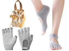 two pairs of barefoot shoes and one pair of gloves are shown in three different colors