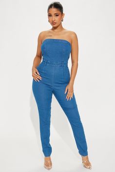 Available In Light Wash, Medium Wash, And Indigo. Denim Jumpsuit Strapless Back Zipper Skinny Leg Back Zipper Stretch Disclaimer: Due To The Specialized Wash. Each Garment Is Unique. 72% Cotton 26% Polyester 2% Spandex Imported | Christy Denim Jumpsuit in Medium Wash size Small by Fashion Nova Indigo Denim, Free Dresses, Jeans Jumpsuit, Denim Jumpsuit, Matching Dresses, Jumpsuits For Women, Fashion Nova, Jumpsuit Romper, Active Wear