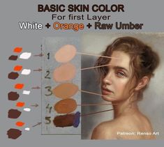 an image of a woman's face with the words basic skin color for first layer white and orange raw umber