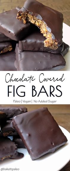 chocolate covered fig bars are stacked on top of each other and ready to be eaten