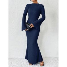 -Item Id 28179574 -Details: Lettuce Trim, Rib-Knit -Neckline: Stand Collar -Sleeve Type: Flare Sleeve -Style: Elegant -Type: Fitted -Waist Line: Natural -Hem Shaped: Mermaid -Color: Navy Blue -Pattern Type: Plain -Sleeve Length: Long Sleeve -Fit Type: Slim Fit -Length: Long -Material: Fabric -Composition: 95% Polyester, 5% Elastane -Care Instructions: Machine Wash Or Professional Dry Clean -Sheer: No -Fabric: High Stretch **Open To Offers!!!** **Bundle To Save More** **30% Off Bundles Of 2 Or Mo Floor Length Dress With Sleeves, Modest Blue Dress, Blue Floor Length Dress, Tail Dress, Blue Floor, Floor Length Dress, Fish Tail, Elegant Dresses Long, Women Maxi