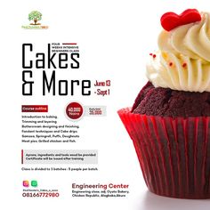 an advertisement for cakes and more featuring a red velvet cupcake with white frosting