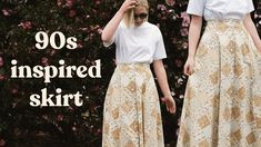 two women standing next to each other with the words 90's inspired skirt on them