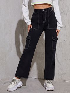 Black    Denim Plain Straight Leg Embellished Non-Stretch  Women Denim Womens Black Cargo Pants, Whip Stitch, Black Cargo Pants, Jeans Cargo, Outfit Jeans, Women Denim Jeans, Cargo Jeans, Trendy Fashion Women, Premium Denim