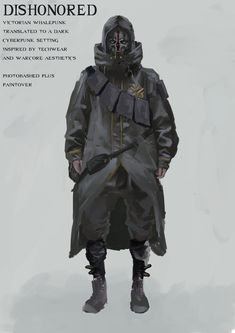 a drawing of a man in a black trench coat and hood with the words dishonored on it