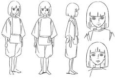 some sketches of people in different outfits and hair styles, from the front to the back