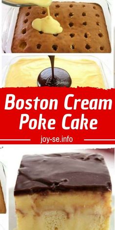 boston cream poke cake with chocolate frosting on top