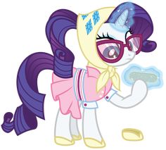 a pony with glasses and a pink dress holding something in her hand while standing next to it