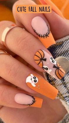 Nails 23, Unghie Nail Art, Halloween Acrylic Nails, Cute Halloween Nails, Pumpkin Nails, Cute Nails For Fall, October Nails