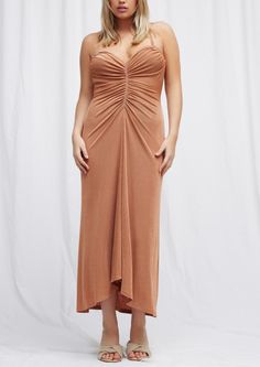 Designed by Significant Other. An elevated silhouette, the Rosie Midi Dress in Caramel is perfect for your events this season. Featuring our signature jersey fabrication, this style features ruched detail down the bodice, gathered fabrication at the bust and plunging back line with strap cross over detail. Fit: Model 1 wears a size 12AU / 8US. Model 2 is 183cm / 6″ wearing an AU 8 / US 4. Materials + Care: 95% Polyester, 5% Elastane. Please Note: This item is final sale and cannot be returned. F Brown Party Dress With Ruched Bodice, Formal Brown Ruched Midi Dress, V-neck Midi Dress With Ruched Fitted Bodice, Brown Stretch Ruched Dress, Brown Ruched Midi Dress For Date Night, Brown Ruched Maxi Dress For Date Night, Brown Ruched Dress For Date Night, Significant Other, Caramel