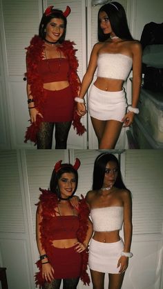 two women dressed in red and white posing for pictures