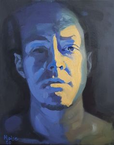 a painting of a man with blue and yellow paint on his face