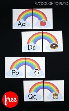 three matching cards with rainbows and doughnuts in the middle, on black background