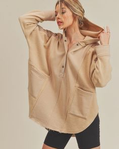 This french terry hoodie is an effortless essential for any activity. Fit: Picture an oversized henley fit that falls below your hips. Like wearing your happy place- spacious, warm and oh-so-cozy. Features: Contrast corduroy panels, snap-up neckline, split hem for ultimate comfort, and front pockets. Why You'll <3 It: This easy hoodie is your go-to for every mood and moment. Perfect to throw on pre or post workout. It's also the equivalent of a cozy blanket for those lazy Sunday afternoons. Womens Oversized Sweatshirts, Cardigan Design, Split Design, French Terry Hoodie, Cardigan Fashion, Casual Everyday, Oversize Hoodie, Everyday Look, Pullover Sweatshirt