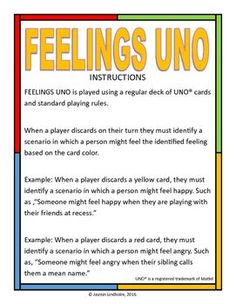 feelings uno cards with the words feelings uno written in red, yellow and green on them