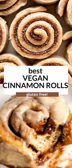 the best vegan cinnamon rolls on a white plate with text overlay that reads, best vegan cinnamon rolls gluten free