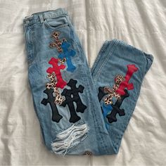 Worn Once! In Great Condition! No Stains Or Odors! Chrome Hearts Patches! Make A Offer! Chrome Hearts Pants Jeans, Chrome Hearts Pants, Chrome Hearts Jeans, Umass Amherst, Reformation Jeans, Heart Patches, Heart Women, Chrome Hearts, Vintage Jeans