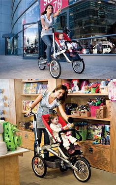 a woman pushing a baby in a stroller and another photo of a woman pushing a child in a stroller