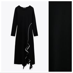 Nwt. Zara Black Midi Dress With Ruffled Detail, Round Neckline, Long Sleeves, Ruffled Detail With Contrasting Piping On Front, Asymmetric Hem. Size M. Ref. 1198/032. Pit To Pit 16" Flat, Shoulders 13,5", Sleeves 23", Length 51-55". 1047. White Halter Midi Dress, Zara Ribbed Dress, Zara Pleated Dress, Brown Long Sleeve Dress, Corset Style Dresses, Zara Midi Dress, Midi Dress Fall, Black Embroidered Dress, Draped Midi Dresses