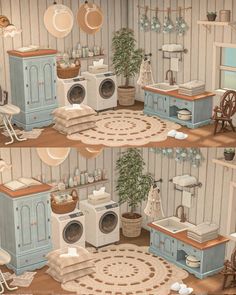 two pictures of the same room with different furniture and appliances in it, including a washer and dryer