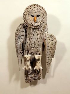 an owl statue is hanging on the wall