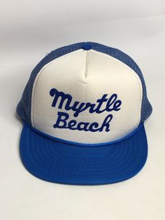 Vintage Mesh Snapback Myrtle Beach Retro Headwear Trucker Hat. White Retro Baseball Cap For Beach, Vintage Adjustable Snapback Hat For Summer, Vintage 5-panel Baseball Cap For Summer, Vintage Snapback Hat For Summer Outdoor Activities, Vintage Snapback Hat For Summer Outdoor, Retro Snapback Baseball Cap For Beach, Retro White Trucker Hat For Beach, Vintage Snapback Hat For Vacation, Blue Beach Hat With Letter Print