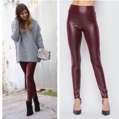 Super Cute And Comfy Lite Weight Faux Leather Leggings. Wine Leather Pants Outfit, Elegant Faux Leather Leggings For Fall, Stretch Red Faux Leather Bottoms, Red Stretch Faux Leather Bottoms, Stretch Burgundy Leggings For Fall, Burgundy Stretch Leggings For Fall, Burgundy Bottoms For Fall Night Out, Red Stretch Leggings For Fall, Trendy Red Leggings For Night Out