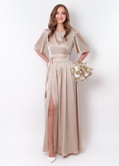 Champagne beige silk dress with belt, long slit dress, bridesmaid dress, wedding guest dress, maxi dress, evening dress, formal dress Long Gown For Wedding Guest, Champaign Dress, Gown For Wedding Guest, Champagne Silk Dress, Silk Bridesmaids Dresses, Wedding Guest Dress Maxi, Beige Silk Dress, Beige Bridesmaid Dress, Bridesmaid Champagne