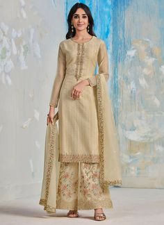 Buy Palazzo Suit - Beige Multi Embroidered Wedding Palazzo Suit In USA UK CANADA Wedding Palazzo, Suit Beige, Suits Show, Palazzo Suit, Plus Size Suits, Eid Special, Embroidered Wedding, Churidar, Suit Shop