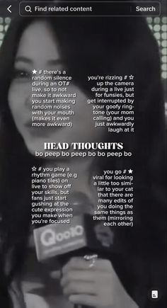 a woman holding a microphone in front of a screen with the words head thoughts on it