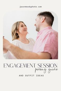 a man and woman standing next to each other with the words engagement session written below