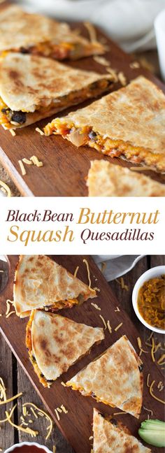 black bean butternut squash quesadillas on a cutting board