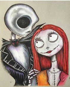 a drawing of a skeleton and a red - haired girl with a skull on their head