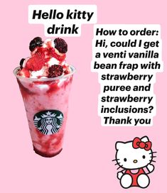 a hello kitty drink with strawberries and ice cream in it, next to a pink background